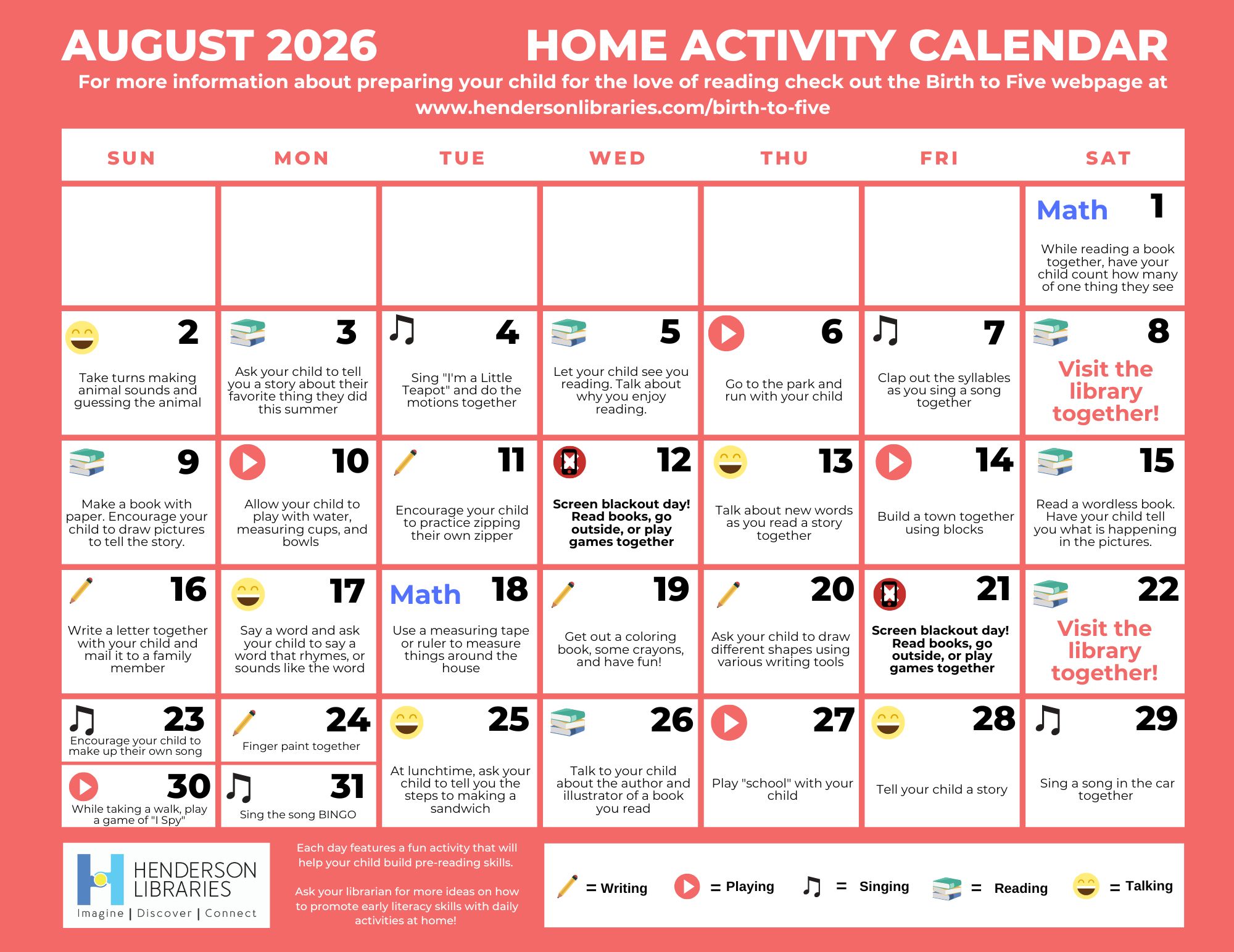August 2026 Birth to Five Calendar